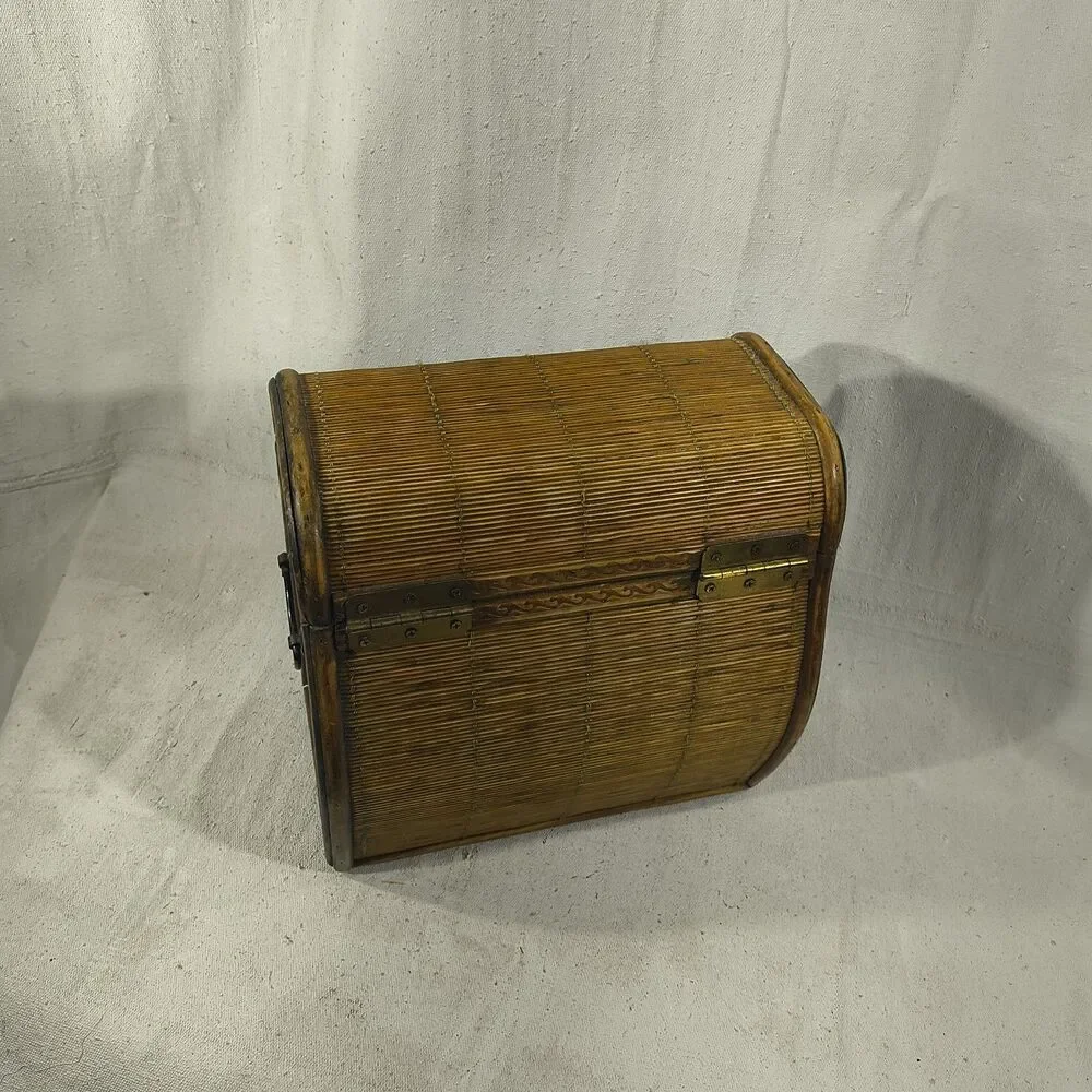 Vintage Woven Bamboo Rattan Small Table Top Storage Trunk